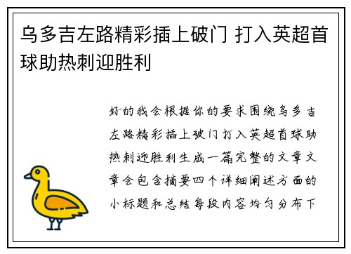 乌多吉左路精彩插上破门 打入英超首球助热刺迎胜利